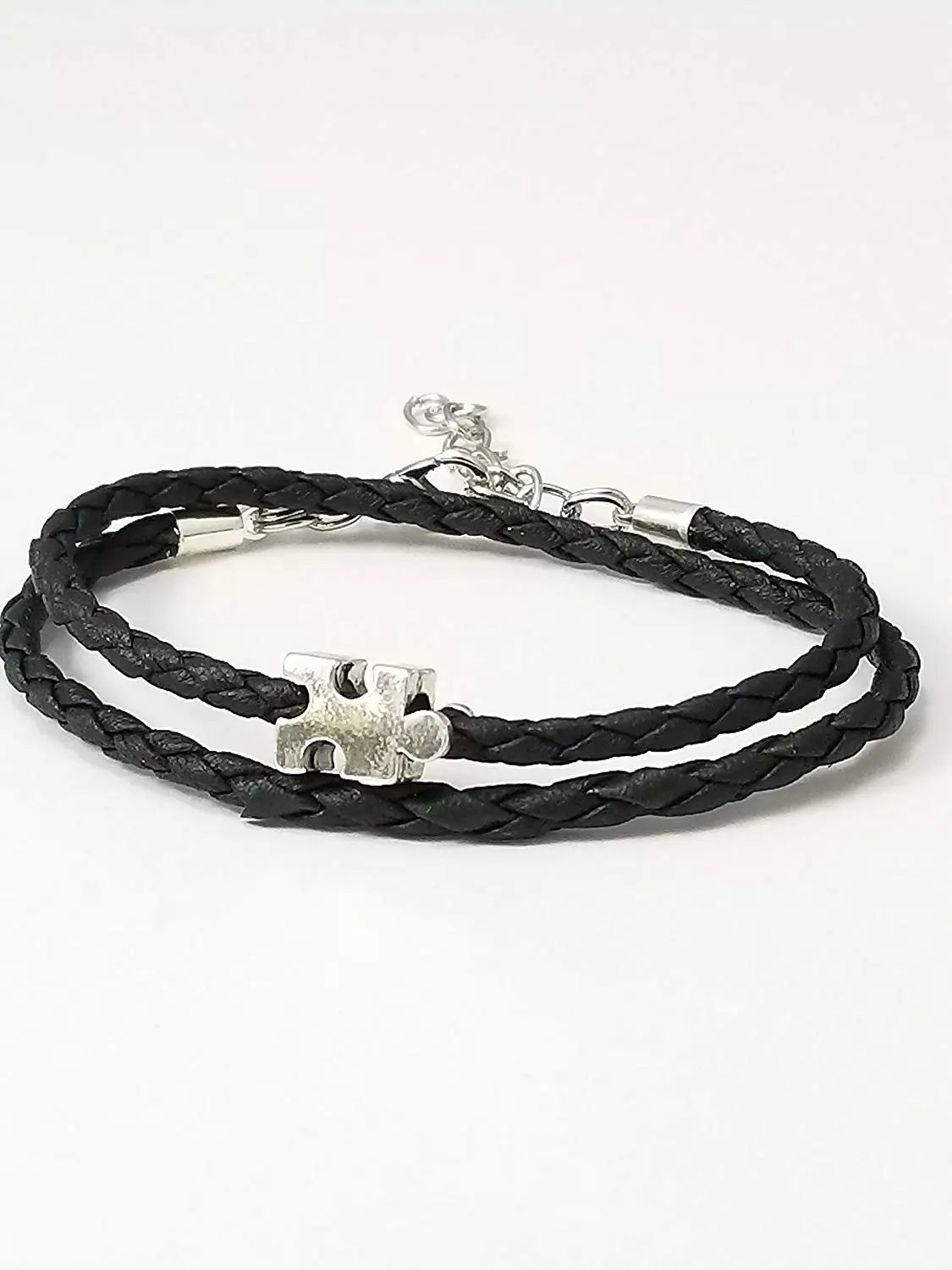 Autism Awareness Wrap Bracelet Black Braided Leather Puzzle Piece Bead Adjustable 6-8 Inches Gifts For Mom Teacher Friends And Family.