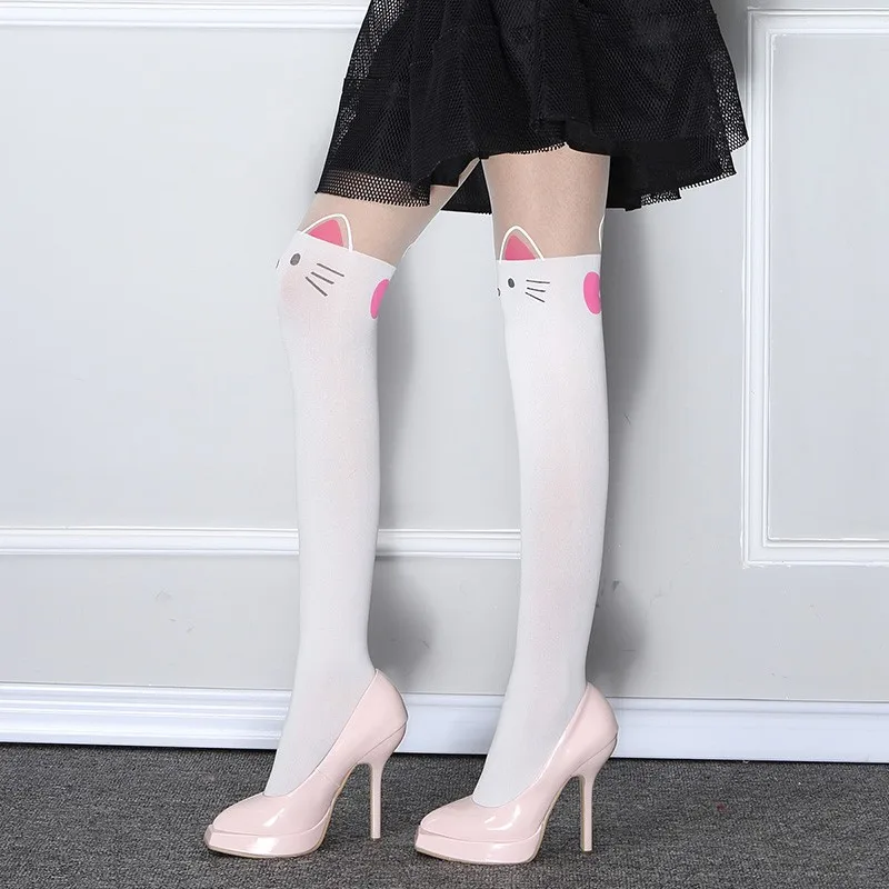 Socks Factory Women White Cat Printed Silk Stocking Foot Sexy Stockings ...