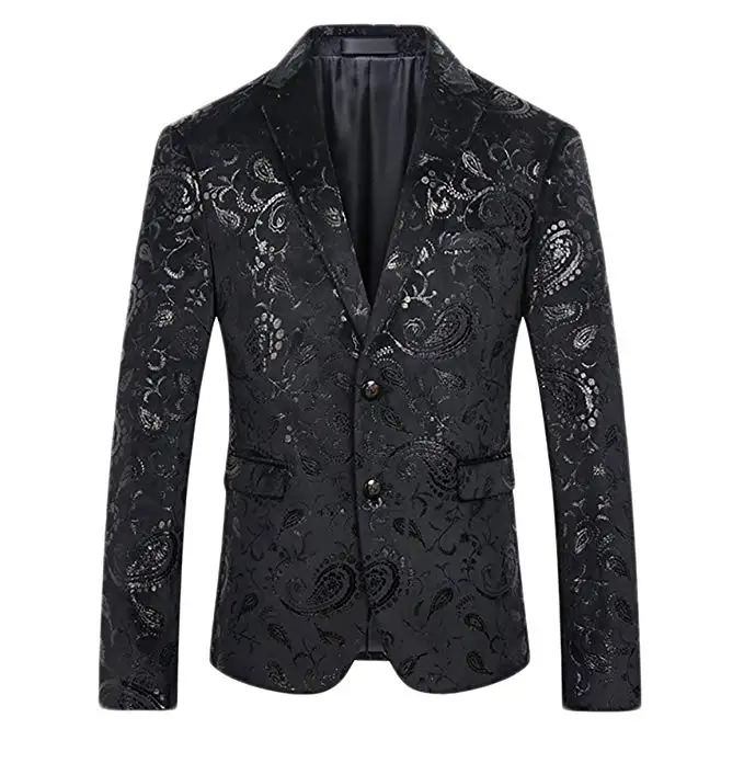 Customized Shiny Men's Shiny Black Dress Floral Suit Notch Lapel Slim ...