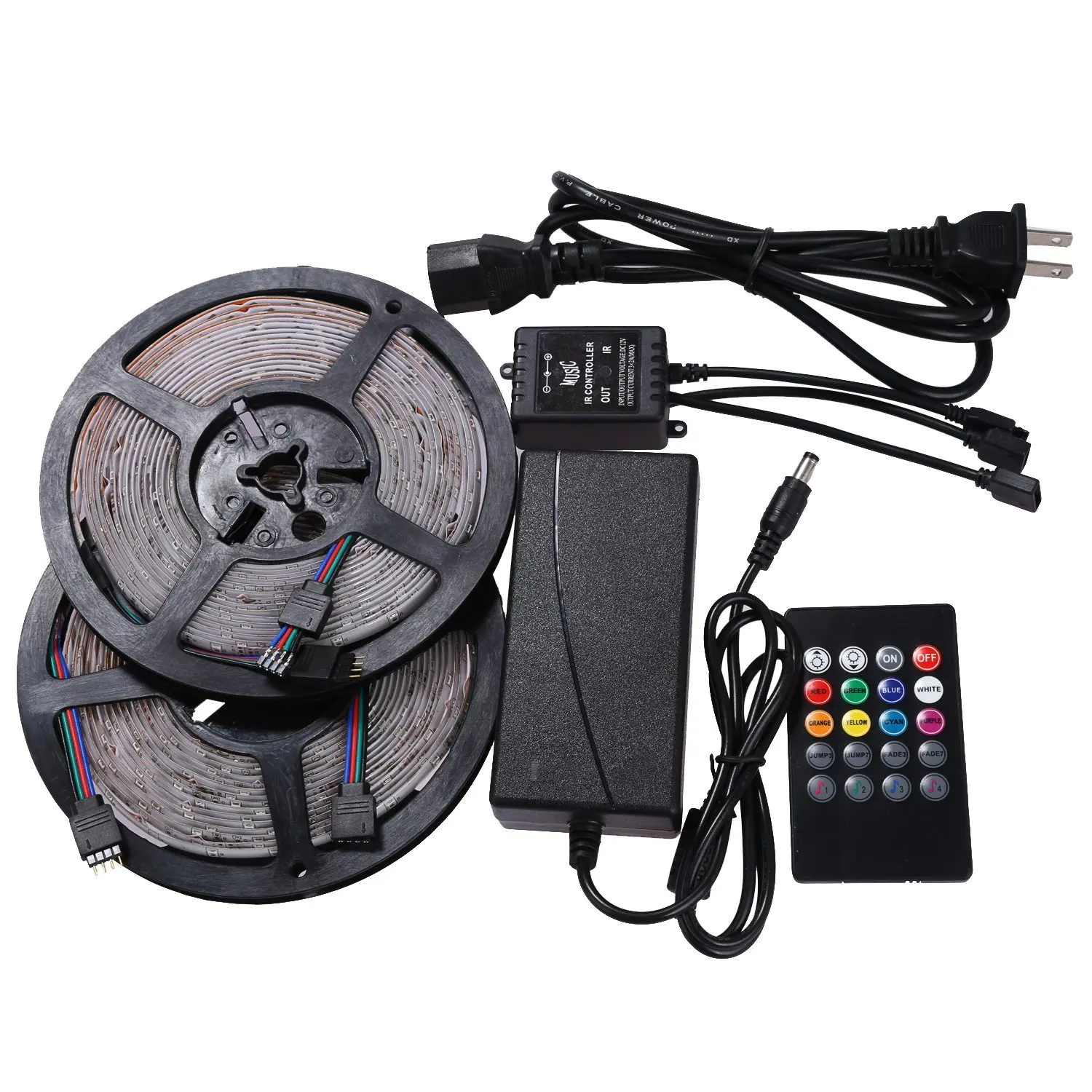 NEWSTYLE Two Rolls Waterproof Flexible LED Strip Light, LED Tape, 3528 SMD, 600 LEDs, 10M/32.8Ft, RGB Multi-colors, Pack of Two Reels 16.4-Feet 300 LED Light Strips & 20 Keys Music Sound Sense IR Remote Controller & 12V 5A Power adapter