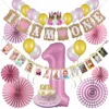 1st Birthday Decorations, Monthly Milestone Banner Cake Topper 1st Hat Balloons Pink Paper Fans for Baby Girl Party Decor Set
