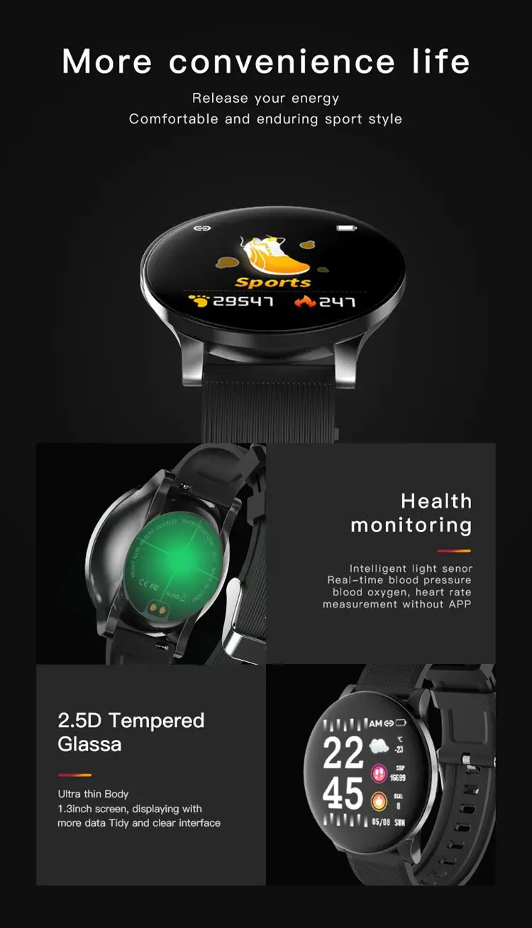 KY W8 BSCI weather display music control heart rate bluetooth health smart band bracelet watch with ce rohs fcc