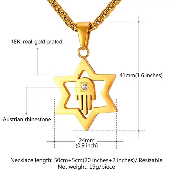 Jeroot Men Women Lucky Hamsa Hand & Star of David Pendant Necklace