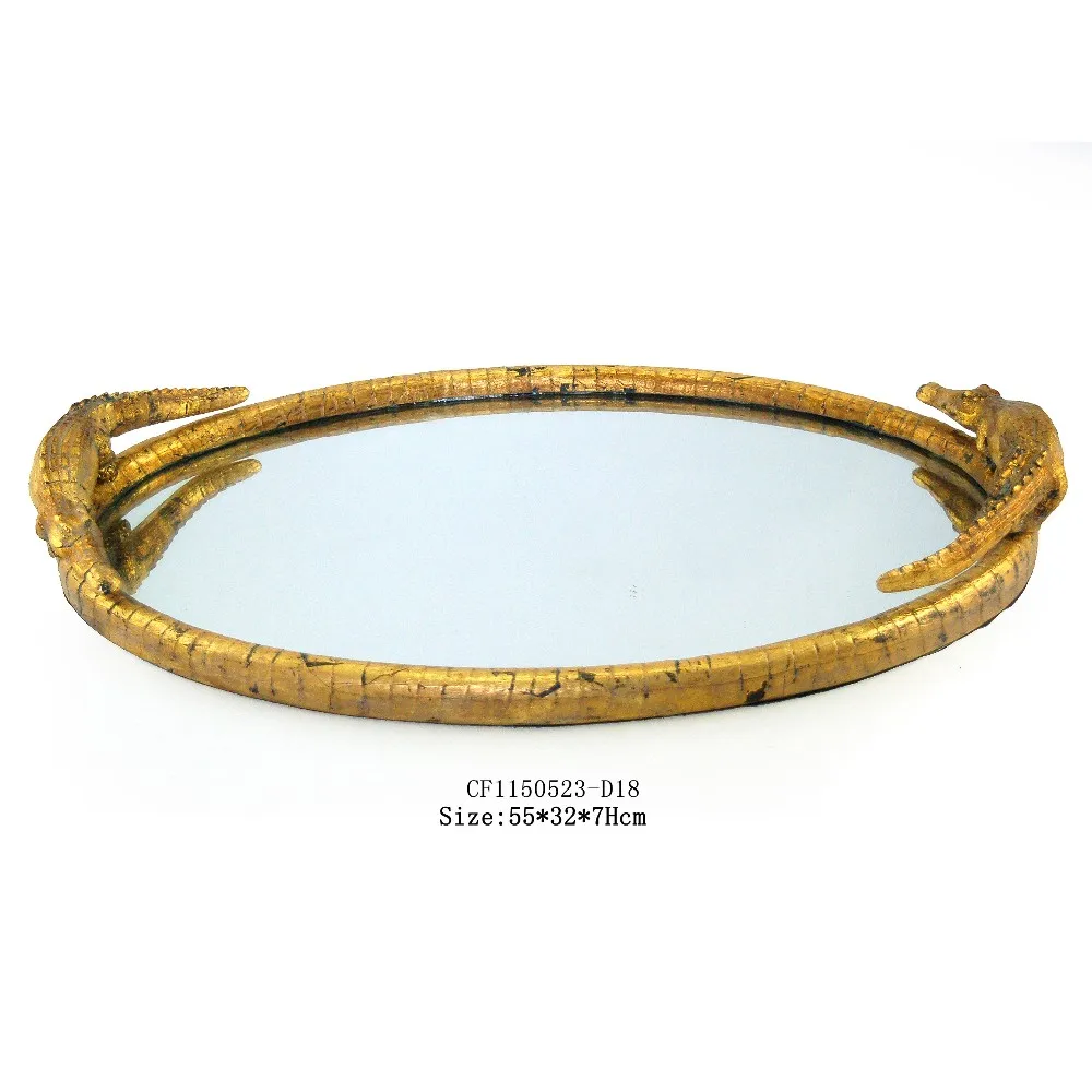 Resin Gold with Crocodile Handle Decorative Mirror Serving Tray factory