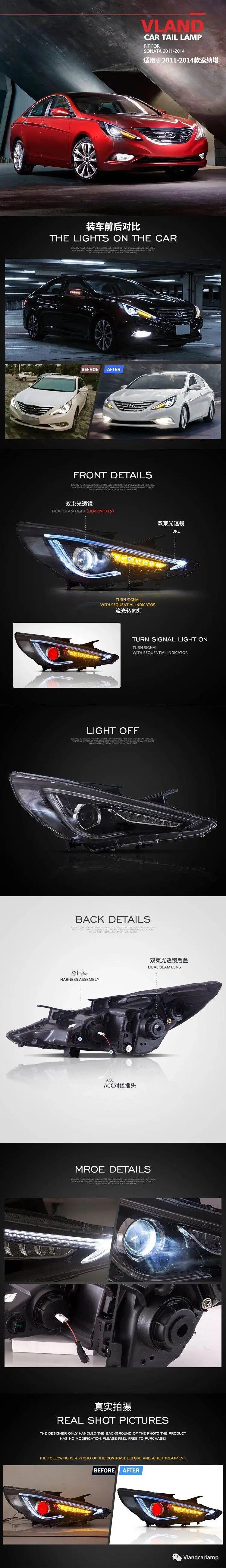Vland factory accessory for car LED lights for Sonata headlight fit for 2011-2018 with demon eyes + LED light bar