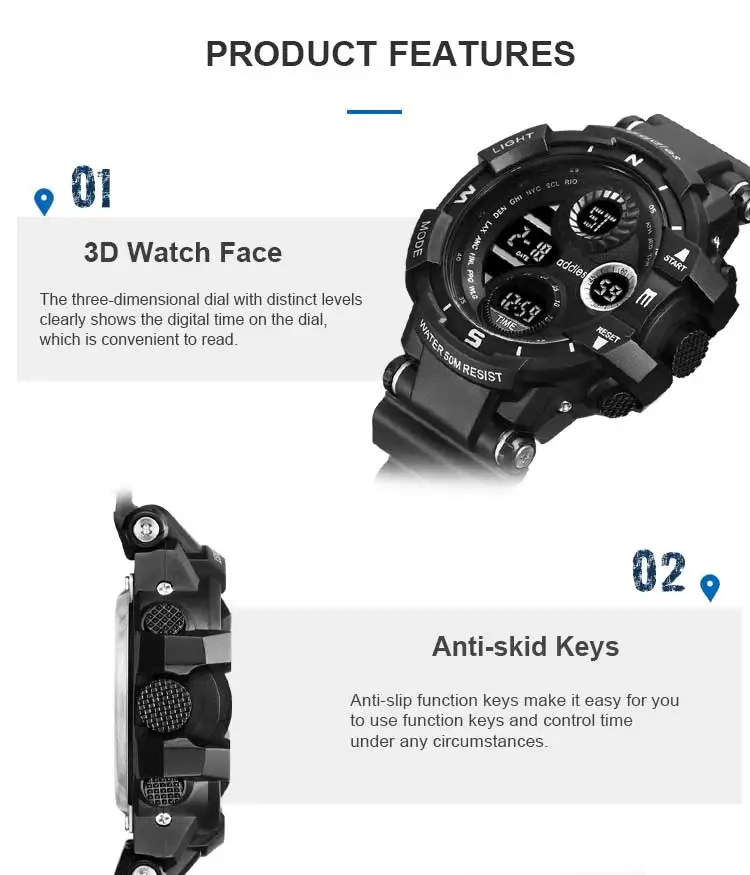 Addies 50M Waterproof LED Alarm Backlight Super Cool Watch Men Digital Sports Military Watch