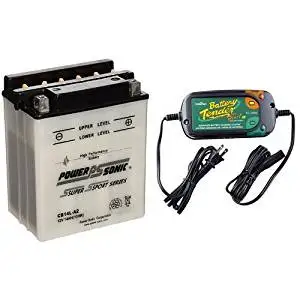 Power-Sonic CB14L-A2 Conventional Powersport Battery and Battery Tender 022-0185G-dl-wh Black 12 Volt 1.25 Amp Plus Battery Charger/Maintainer Bundle