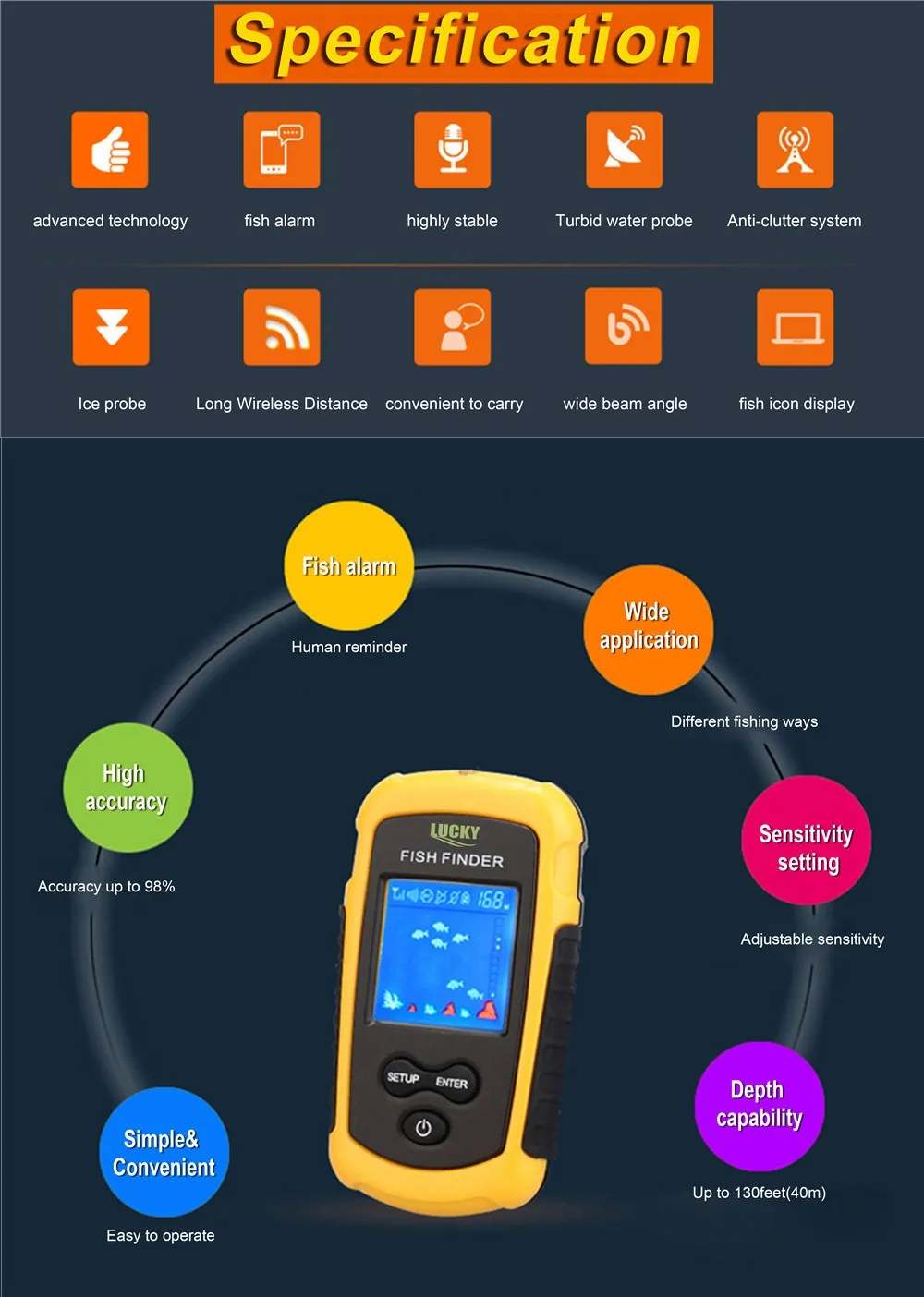 Lucky Ffcw11081 Wireless Fishfinder 120 Meters Deeper Potable Sonar