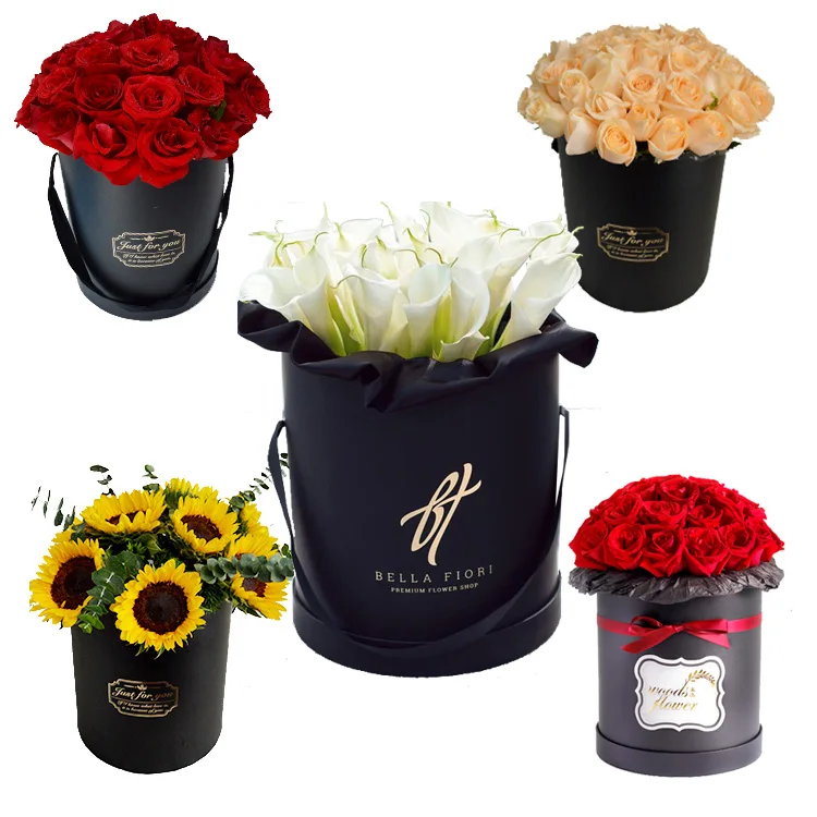 Wholesale Luxury Custom Printing Black Cardboard Round Box Flower Gift