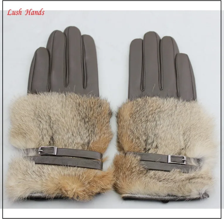 Brown women leather gloves with rabbit fur back