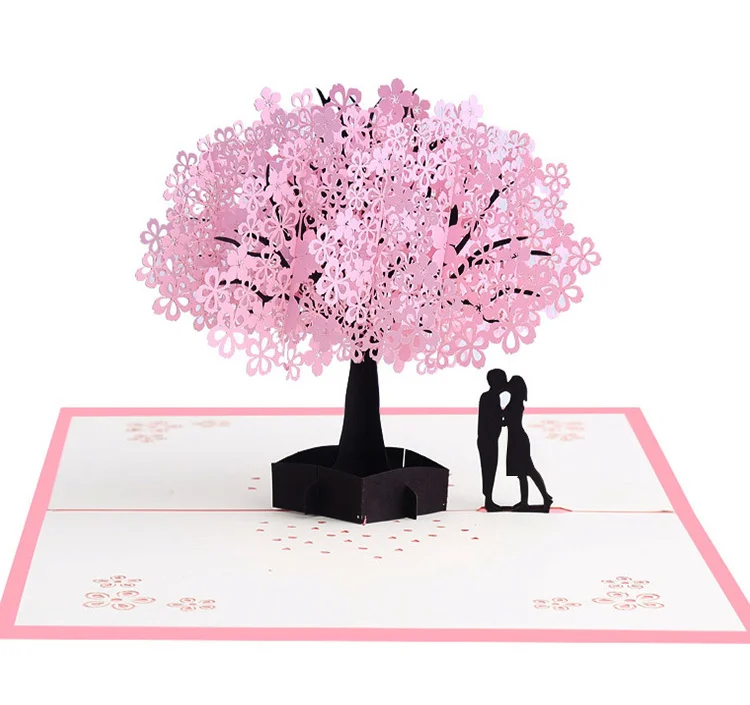 Buatan Tangan Berwarna Merah Muda Romantis Cherry Blossom 3d Kartu