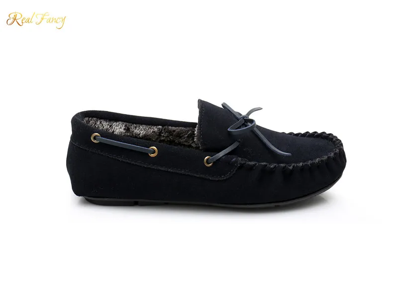 Custom Logo Excellent Cow Suede Leather Fur Winter Casual Shoes Moccasin for Men