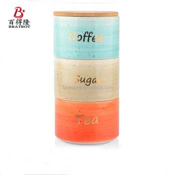 Coffee Tea Sugar Canister Set In Ceramic 3 Piece Stackable Coffee Tea Sugar Canister Set In