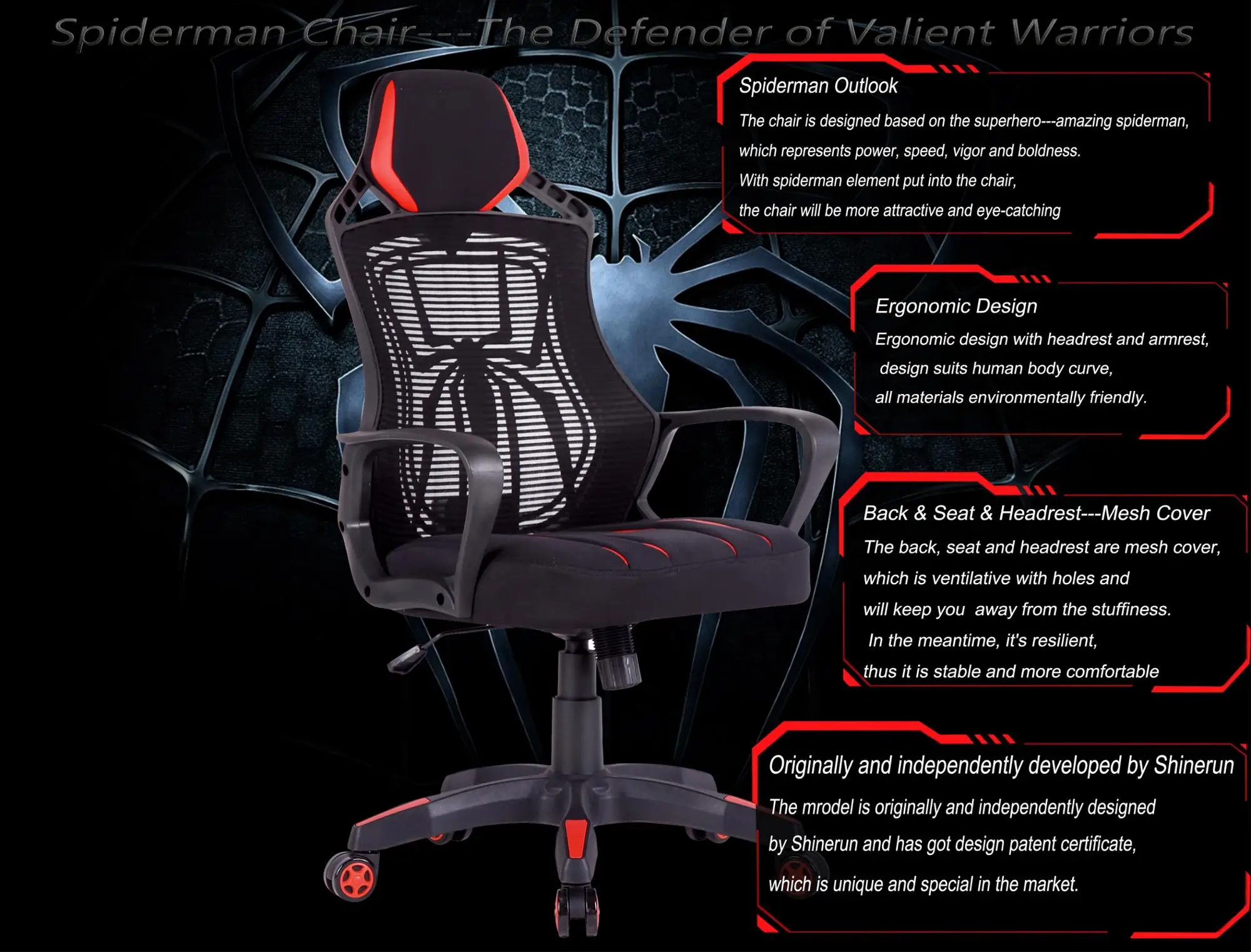 Red Black Spiderman Outlook Ergonomic Design Office Computer Mesh