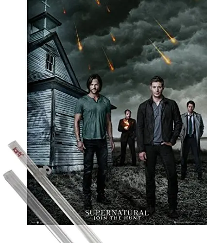 1art1 Poster + Hanger: Supernatural Mini Poster (20x16 inches) Dean, Sam, Castiel and Crowley and 1 Set of Transparent Poster Hangers