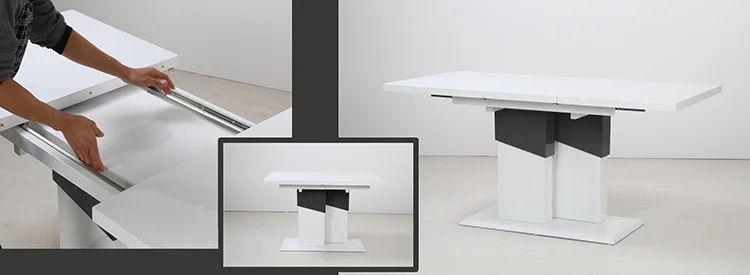Modern mdf furniture white high gloss extendable expandable adjusted luxury wooden dining table with metal stand\t
