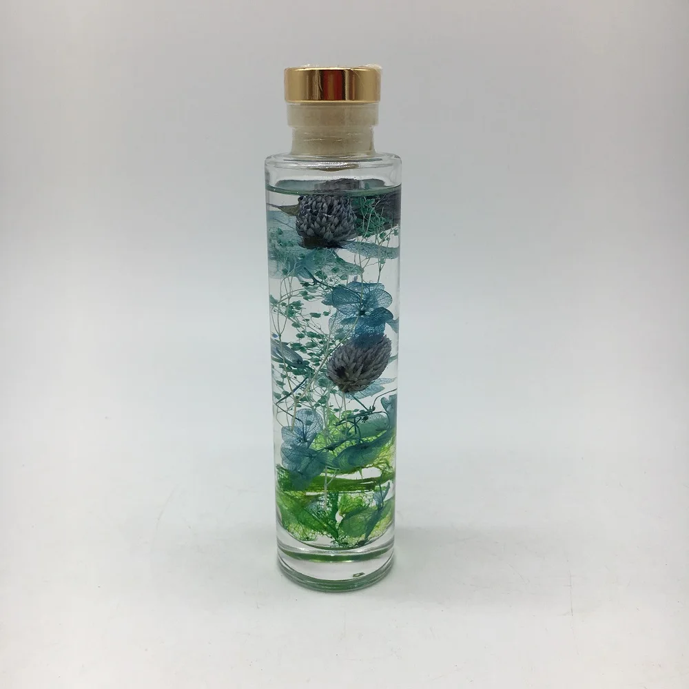 Fashion Home Decorative Glass Oil Floating Bottle With Dried Flowers For Home Decor Set