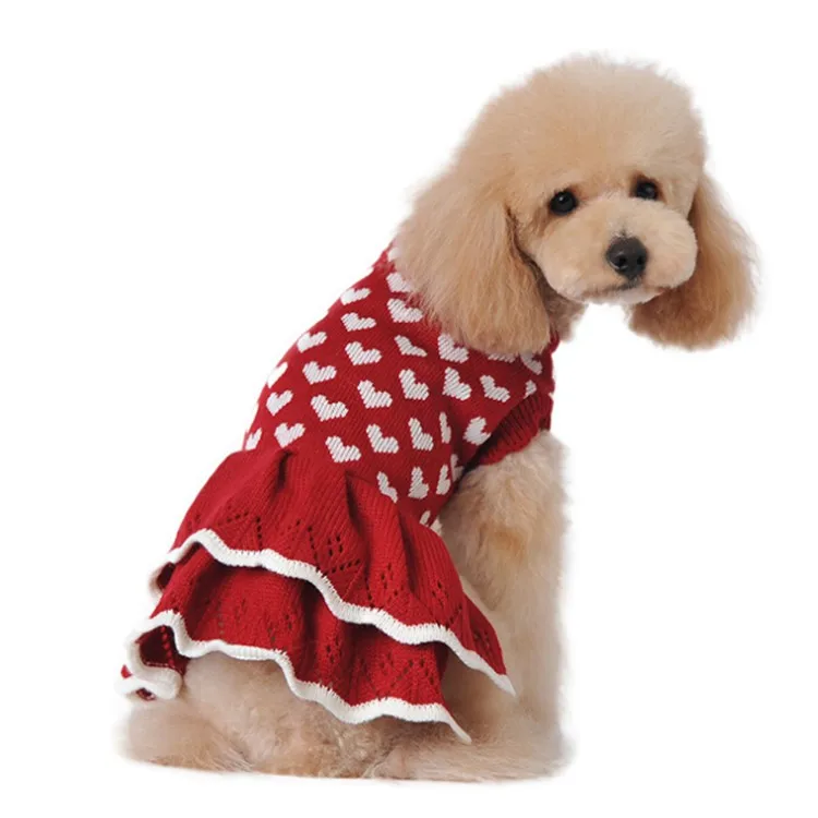 Paleo Pet Apparel Adorable Christmas Pet Winter Clothes Warm Dog Knit Sweater Ruffle Dress Custom Heart Pet Clothing