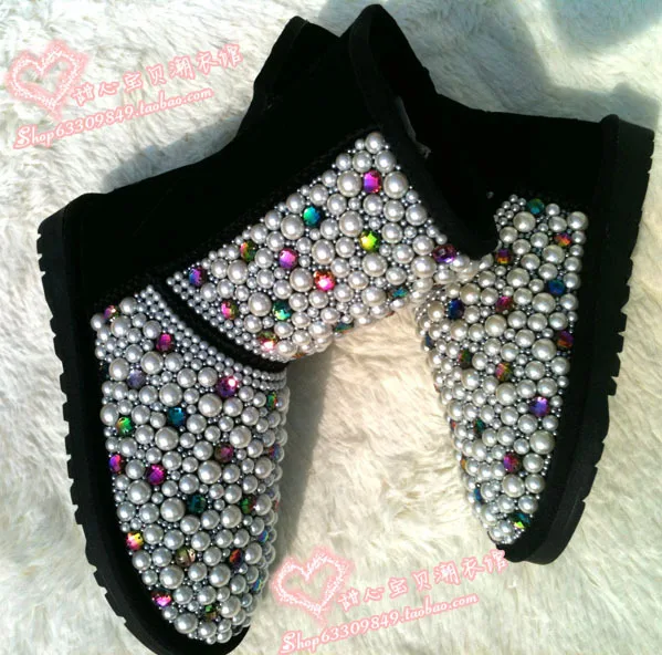 discount Free shipping Children rhinestone Colored pearls snow boots handmade children princess style fashion Warm snow