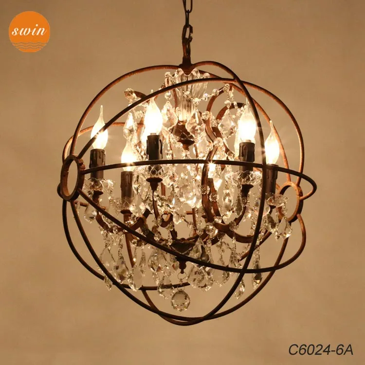 European Vintage 6 Lights Clear Crystal Chandelier Retro Rustic