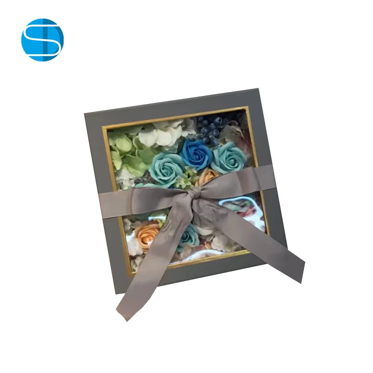 Wholesale Romantic Rose Packing Square Ribbon Flower Boxes With Pvc