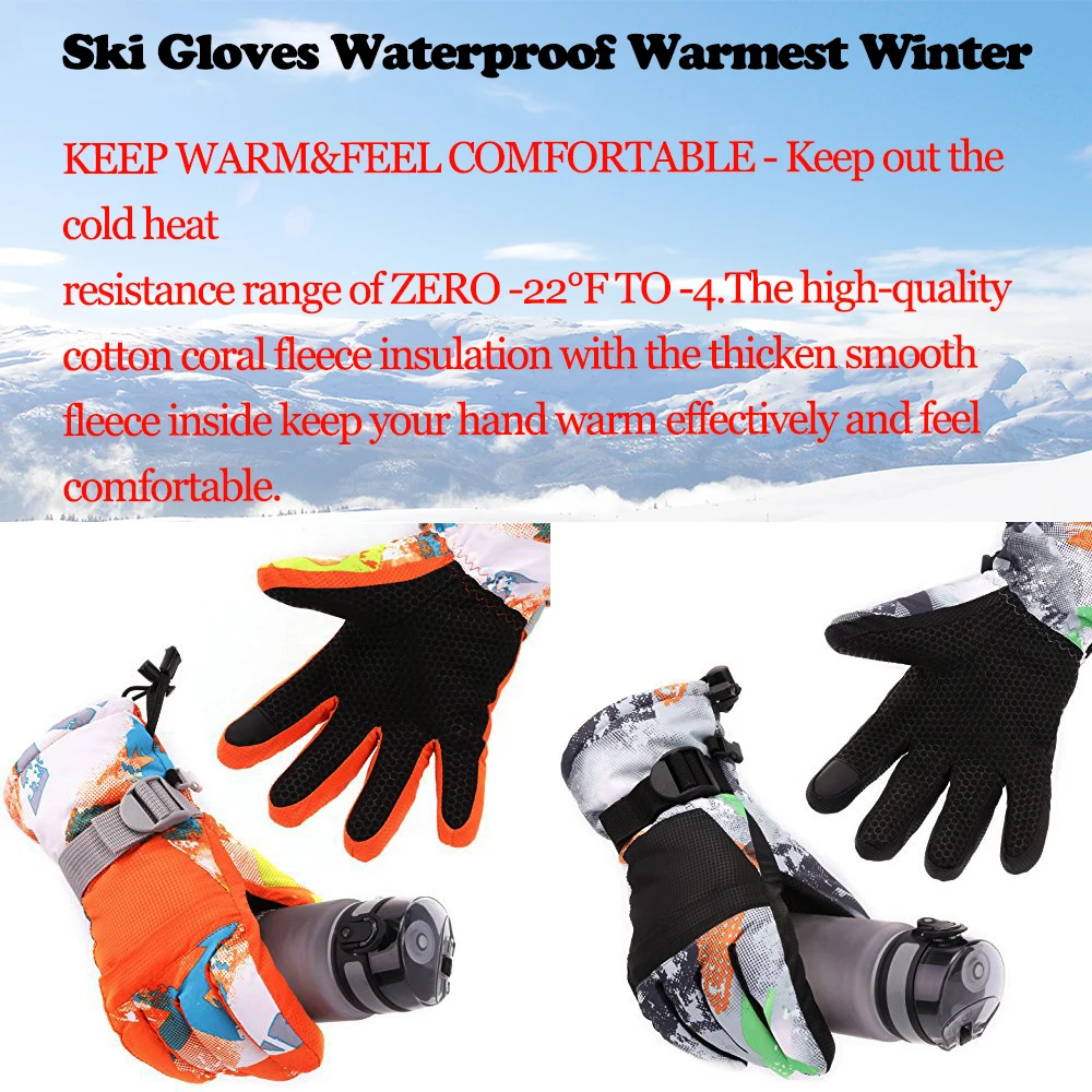 Skiing Gloves / Waterproof Windproof Warmest Winter Snow Snowboard Snowmobile ski Sports Gloves with Zipper Pocket Wrist Leashes