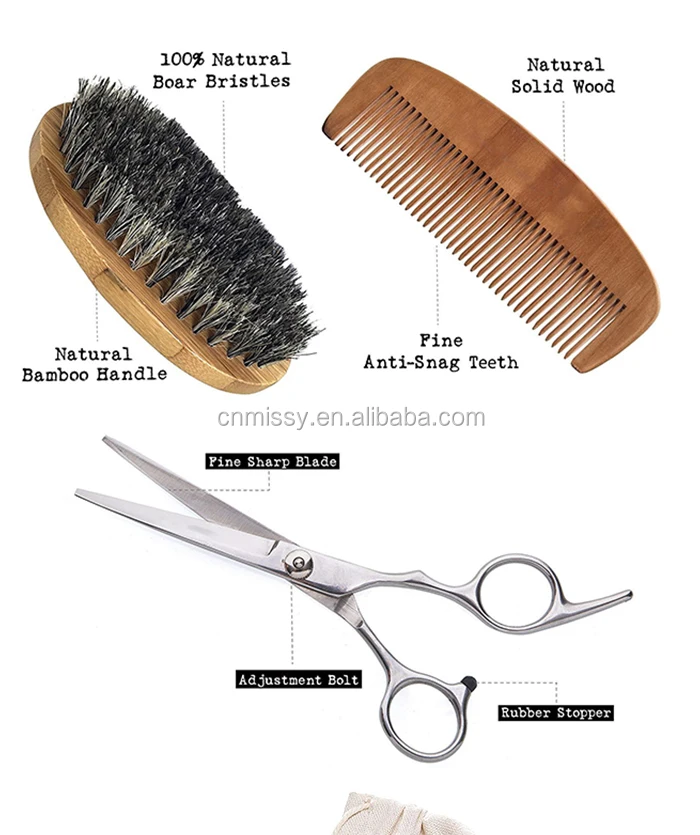Best Beard Grooming & Trimming Kit for Men Care Growth Gift Set Beard Brush Scissors OEM Oil / Balm / Steel /comb/ Wood