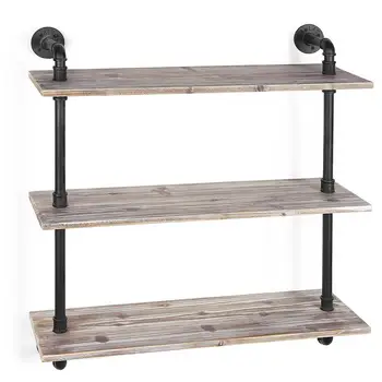 3 Tier Industrial Style Pipe Rustic Wood Wall Mounted Entryway