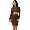 Woman Ladies Night Club Evening Party Fashion Brown Lace-up Cut Out Long Sleeve Short Sexy Corset Dress