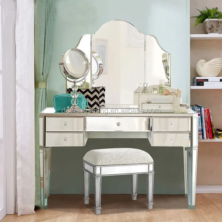 Champán De Plata De Tocador Con Espejo De Vidrio Con Espejo Y Taburete