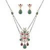 QD130 Huilin Jewelry Green Red Teardrop Stones Studded Crystal Flower Necklace Earrings Indian Jewelry Set