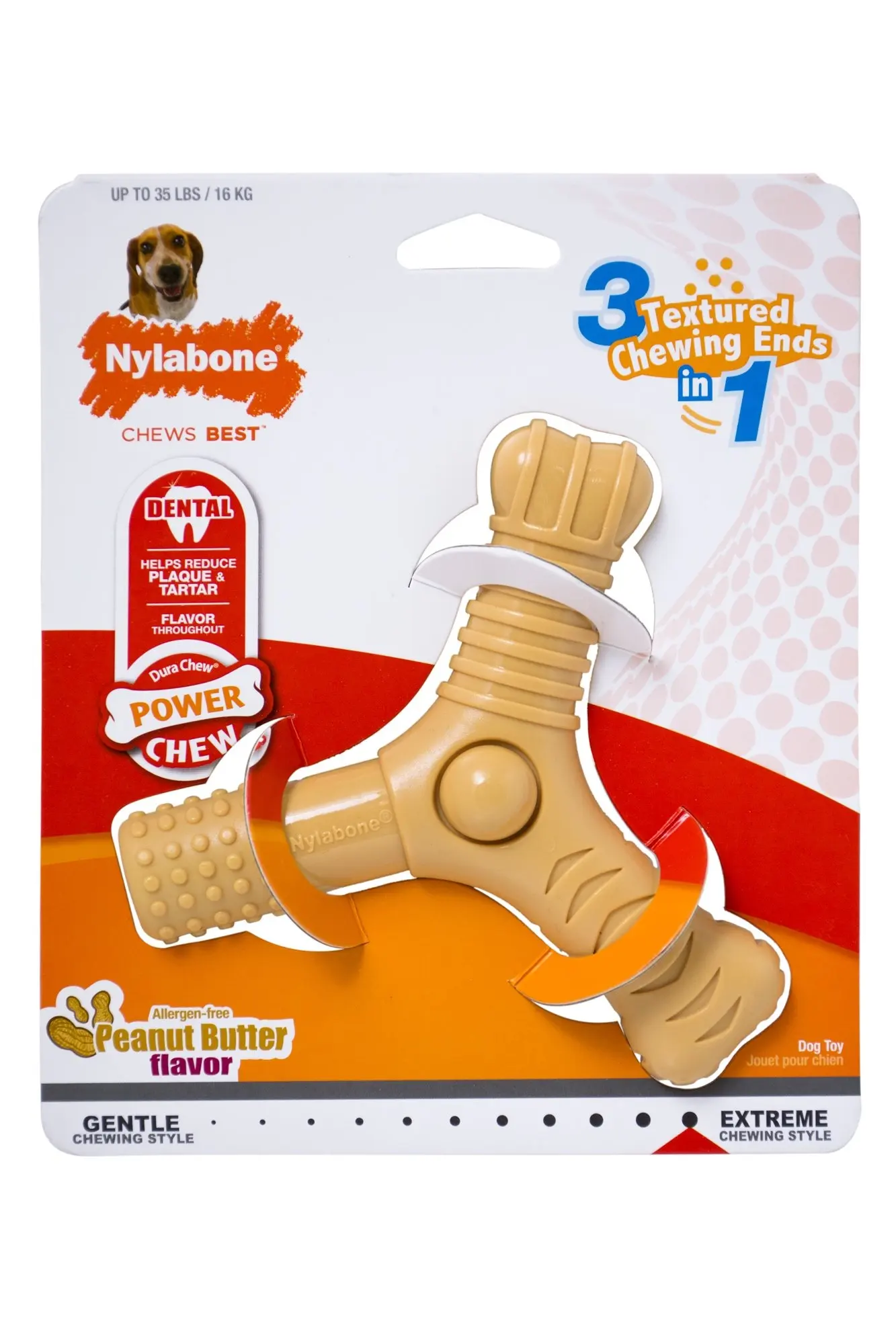 Nylabone Dura Chew Power 3-Prong Dog Toy Peanut Butter, Medium,