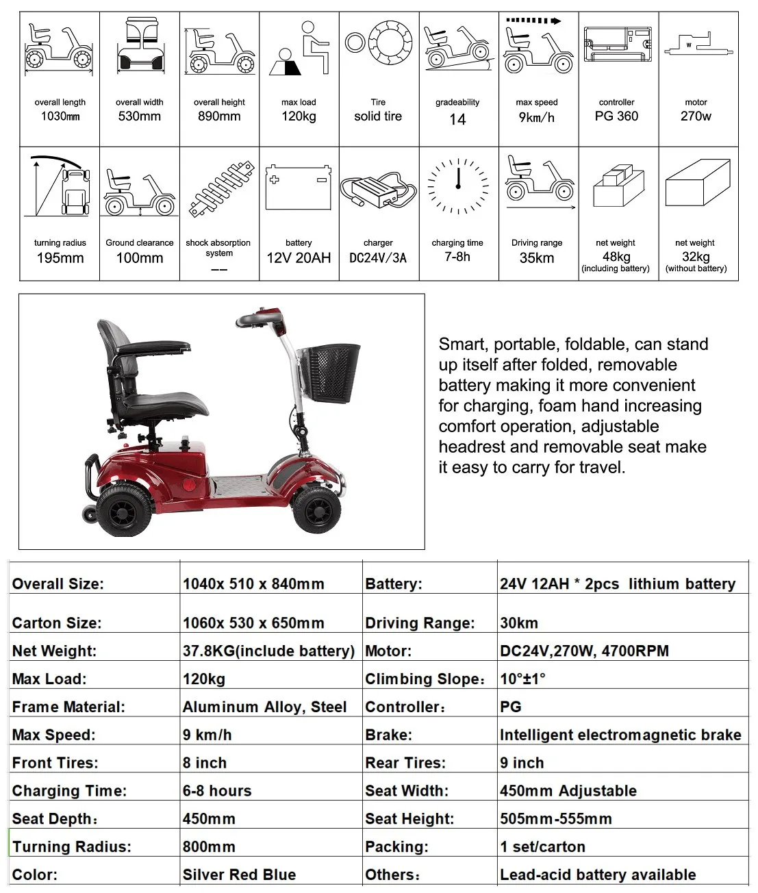 Light Weight Portable Foldable Adult 4 Wheel Cheap Electric Mobility