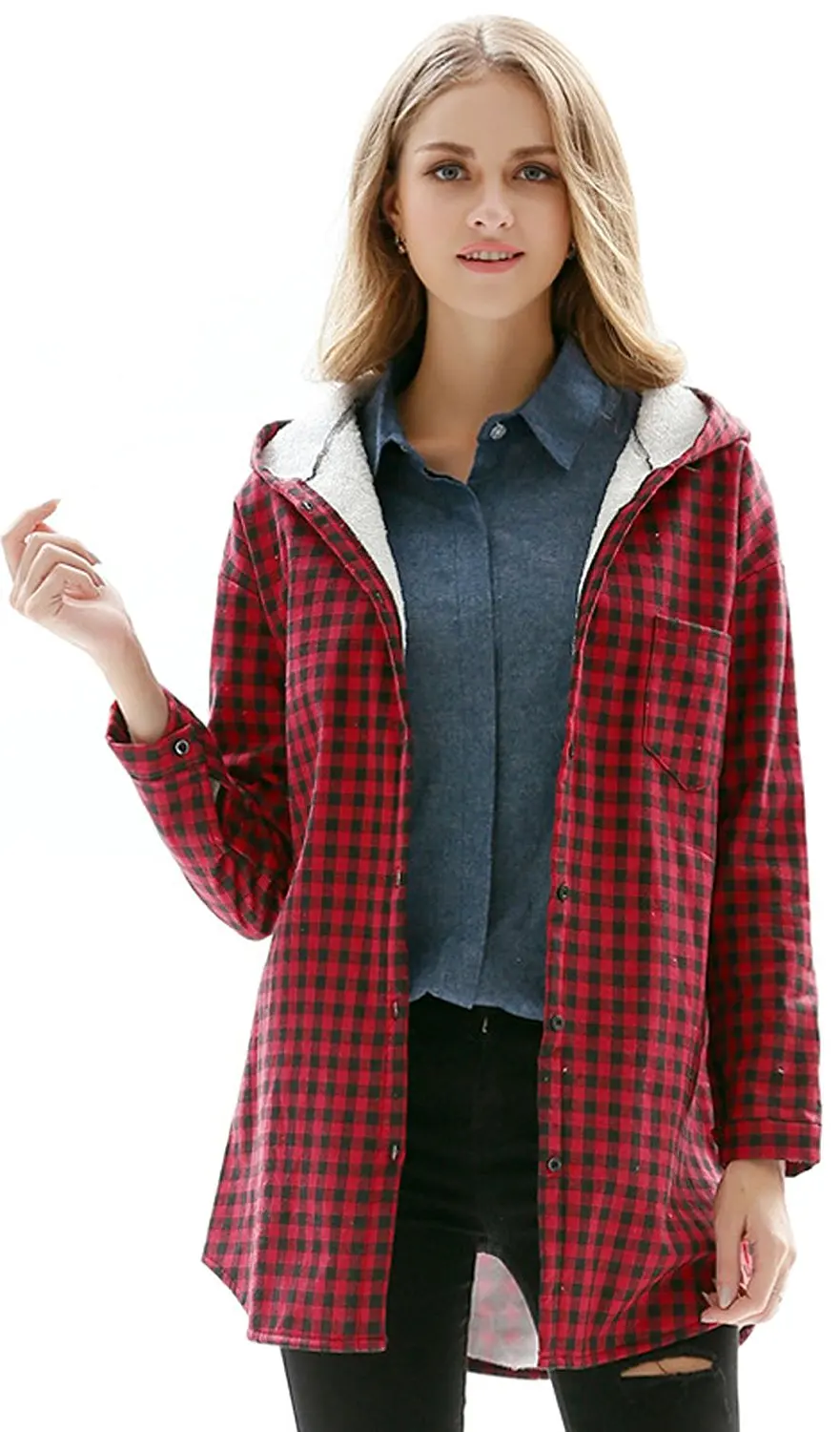 Sherpa Lined Flannel Hoodie For Women Jackets