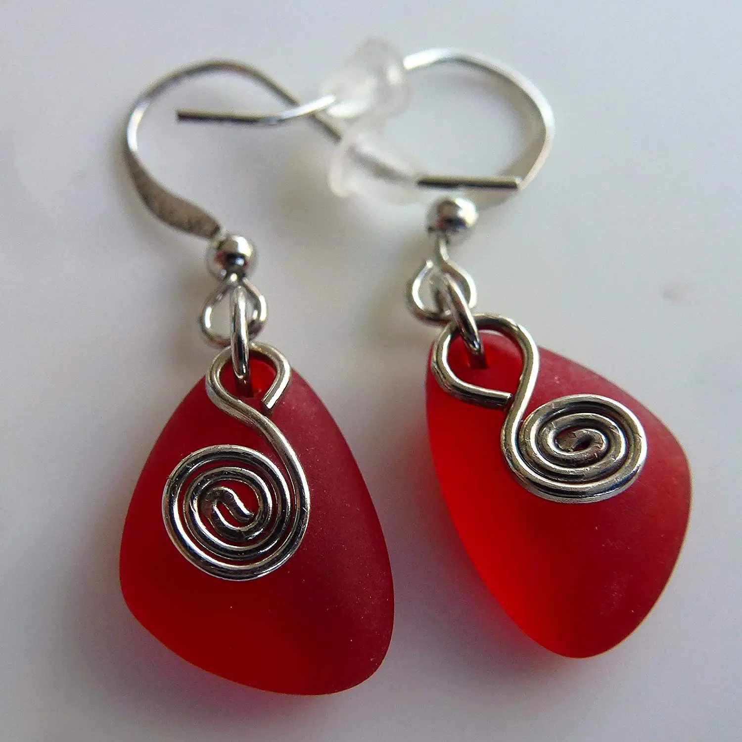 Red nautical sea glass small 0.5 inch earrings delicate drop elegant young ocean coast hawaiian foam beach prime handmade fashion chraming gift mermaid tears jewelry for women and girls