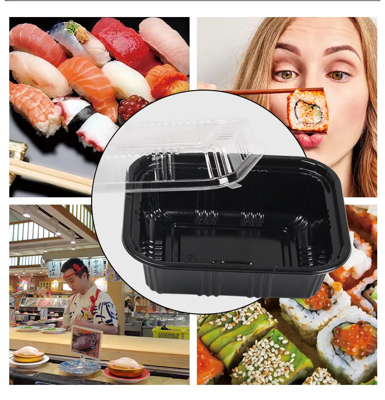 Eco friendly black plastic rectangle food container / disposable sushi box plastic storage box