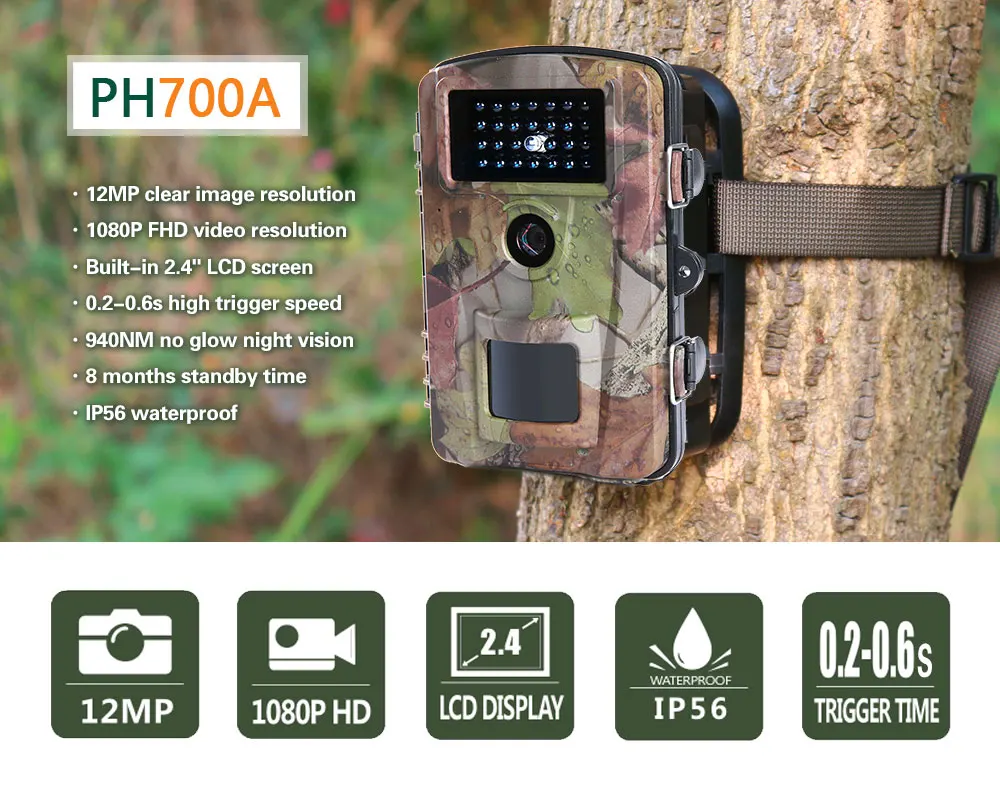 Camera IP56 Waterproof 12MP Outdoor Hunting Camera w/ No Glow Night Vision 