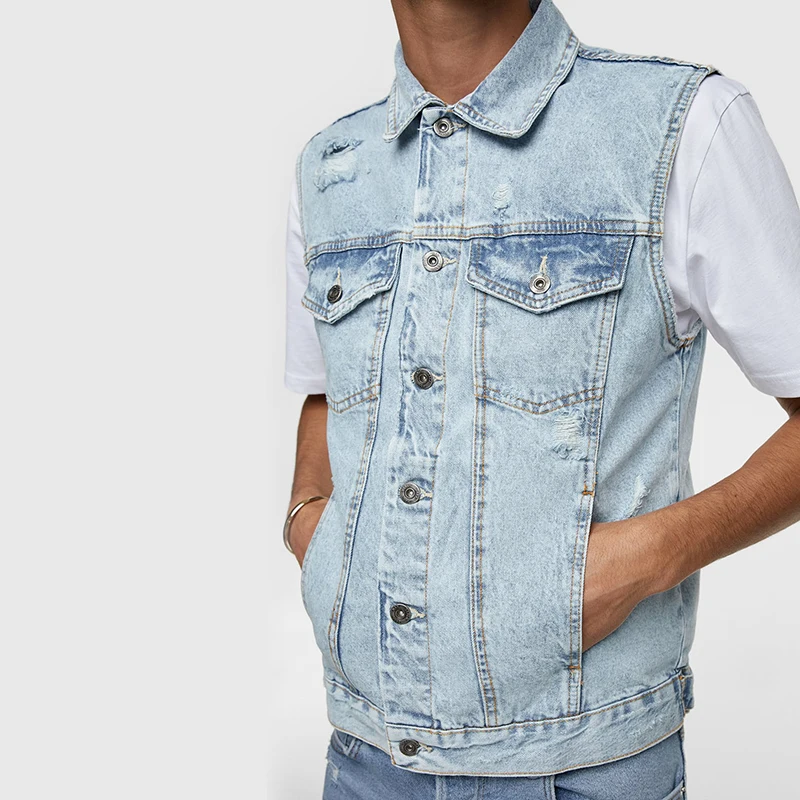 Wholesale New Style Mens Sleeveless Tank Top Jeans Vest Washed Stressed Denim Waistcoat For Men