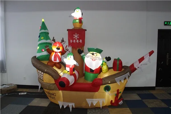 Pirate Santa,double Penguins And Reindeer Stand In The Pirate Ship With 