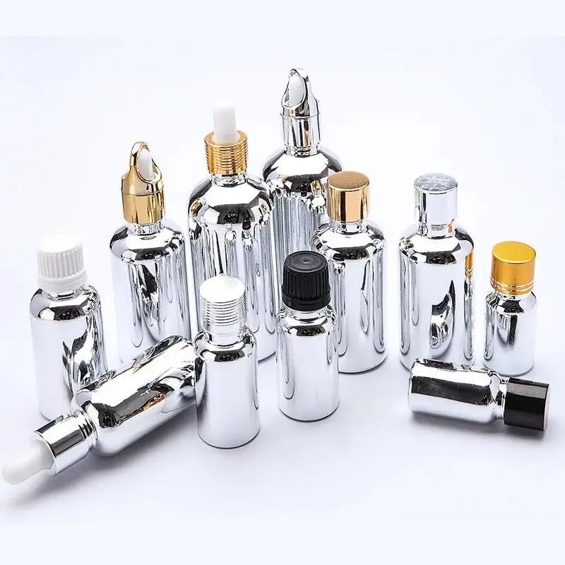 Wholesale electroplated glass dropper bottle 10ml 15ml 30ml 50ml gold silver color e liquid packing perfume glass bottle