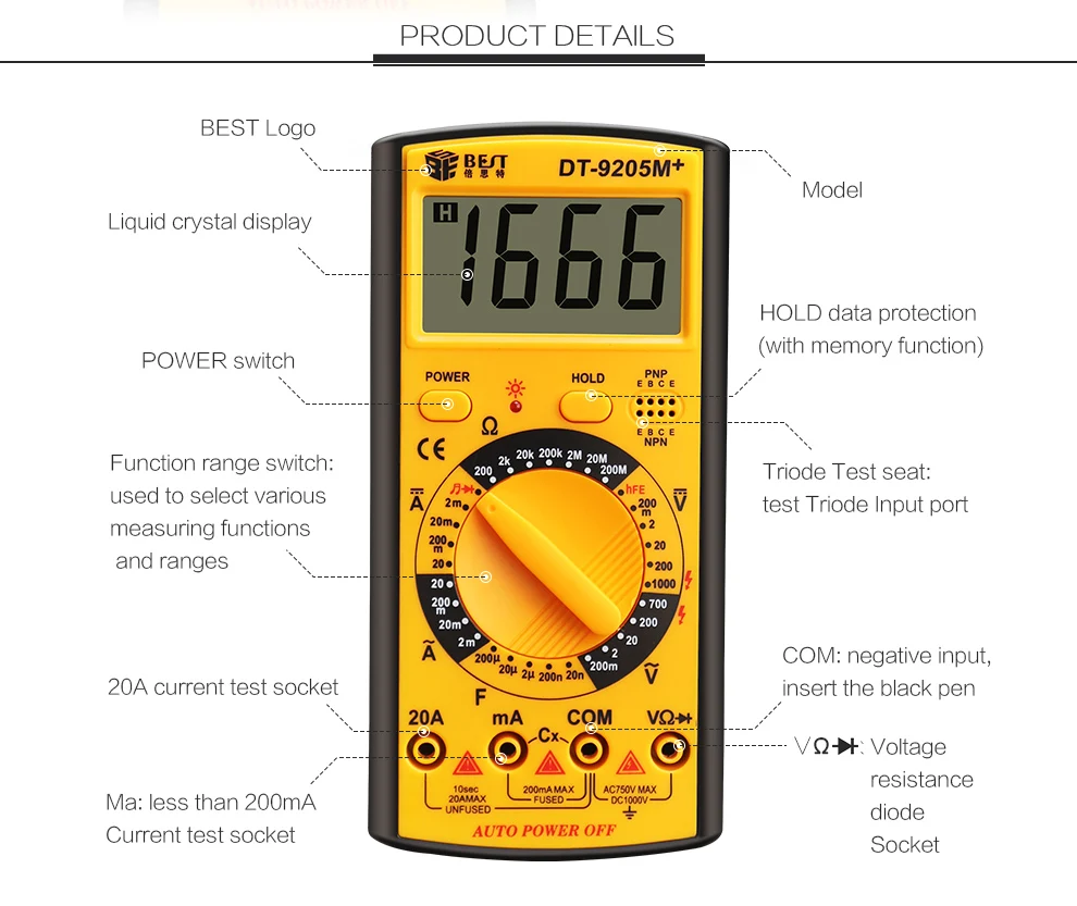 BEST-9205m+ China Manufacturer Direct Precision Hot Sale Break Line Alarm Type of Digital Smart Multimeter