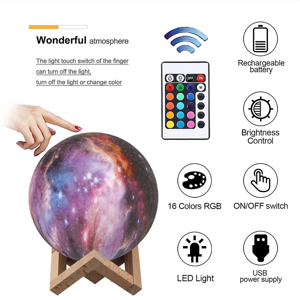 16 Colors 3D Moon Light Children's Night Light USB Rechargeable Touch Switch Christmas Decoration Bedside Lamp LED space Lamp