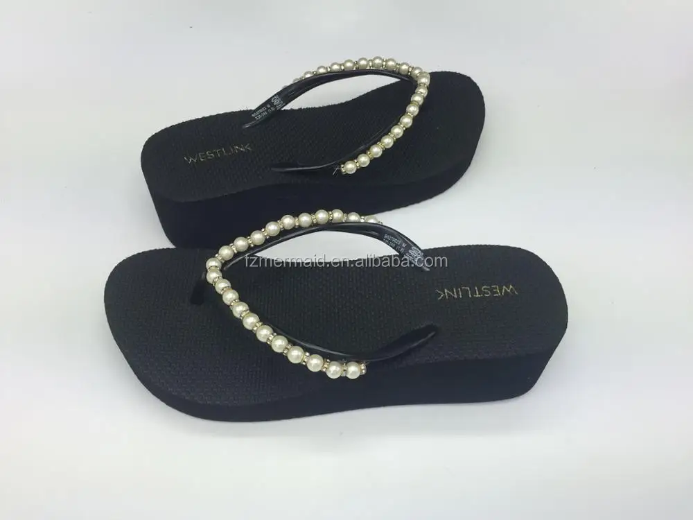 2024 High Quality Cheap Factory Manufacture Fashion Pearl Wedge Shoes Flip Flop Slipper Ladies Heel Shoes