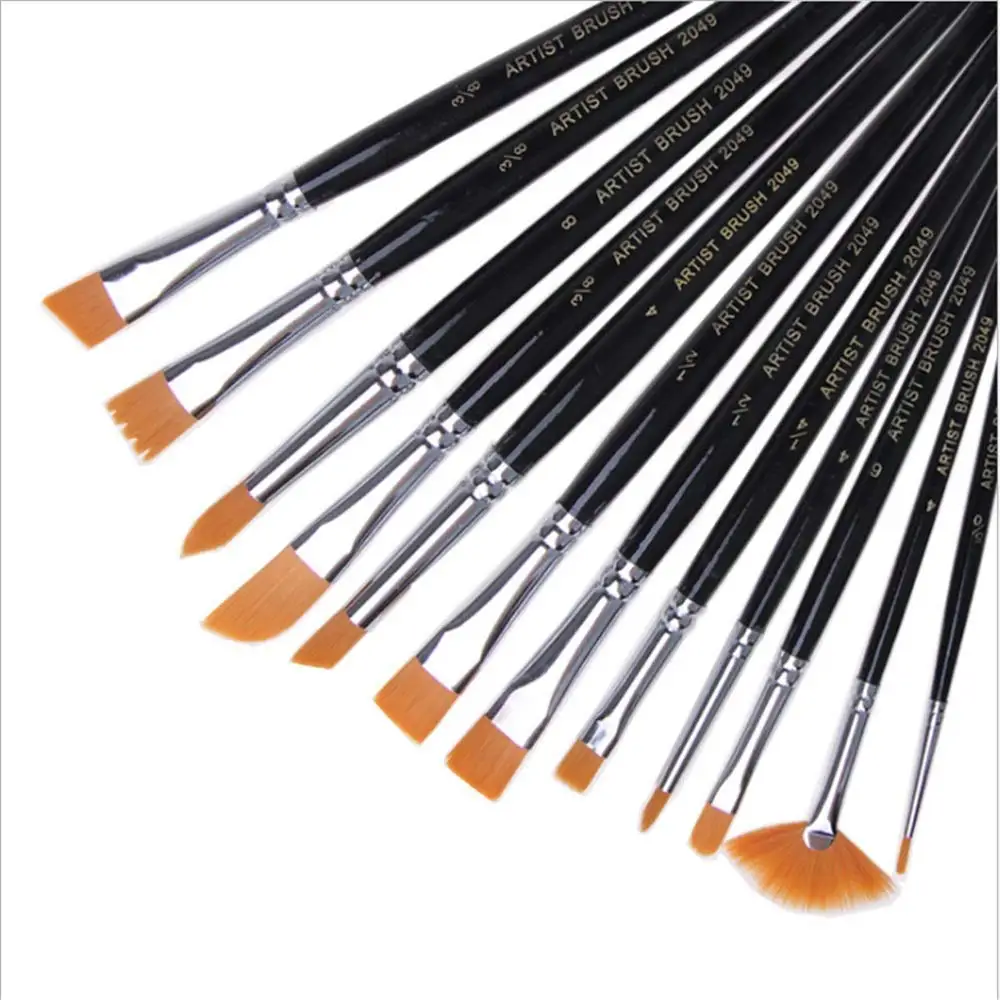 KSUNSEVEN 12pcs/Set Professional Paint Brush Different Tip Nylon Hair Wood Artist Painting Brush for Acrylic Watercolor Oil Painting Stationery Crafts Kids Gift Black Color