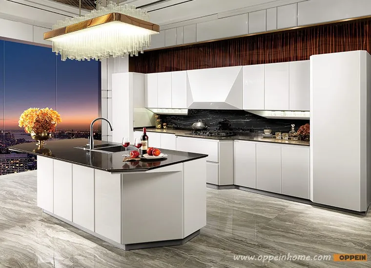 Diseño Italiano Moderno Beige Alto Brillo Lacado Gabinete De Cocina Con