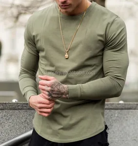Custom elongated long sleeve t shits high quality fabric t shirt in bulk in Khaki Custom elongated long sleeve t shits high quality fabric t shirt in bulk in Khaki