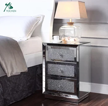 Diamond Crush Crystal Handle 3 Drawers Mirrored Nightstand Bedroom