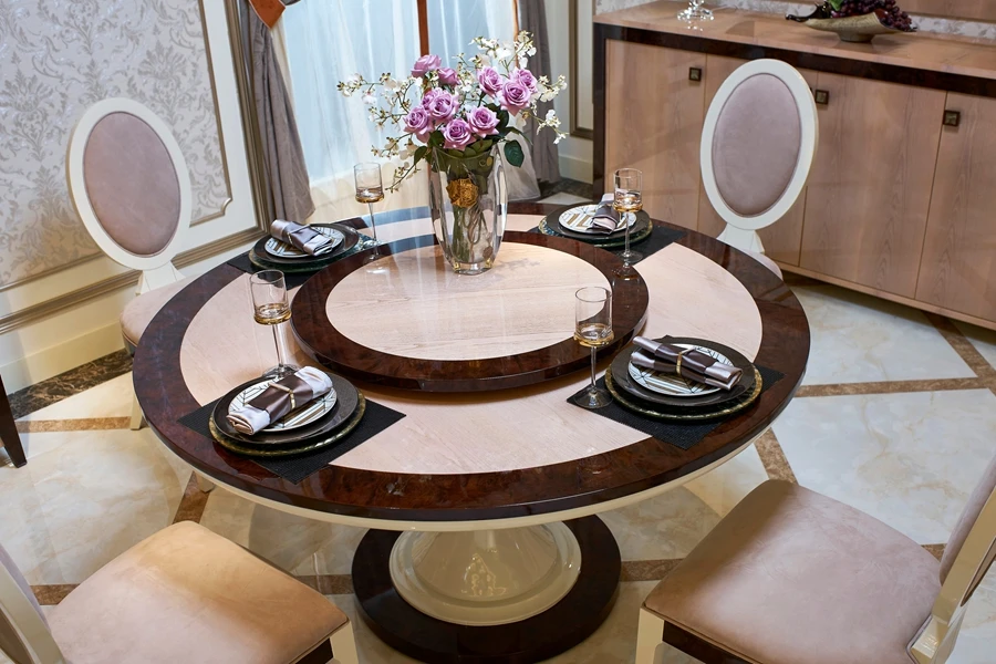 0075 Luxury round dining table set 6 chairs, glossy wooden dining room furniture sets