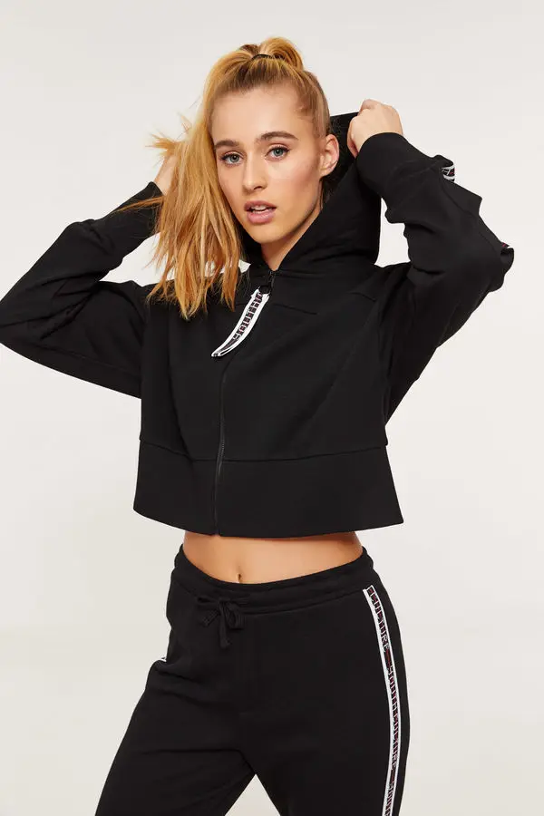 Sport Cropped cut and sew black Casual Autumn Long Sleeve Sports Wear custom logo cotton  pullover hoodie For Women