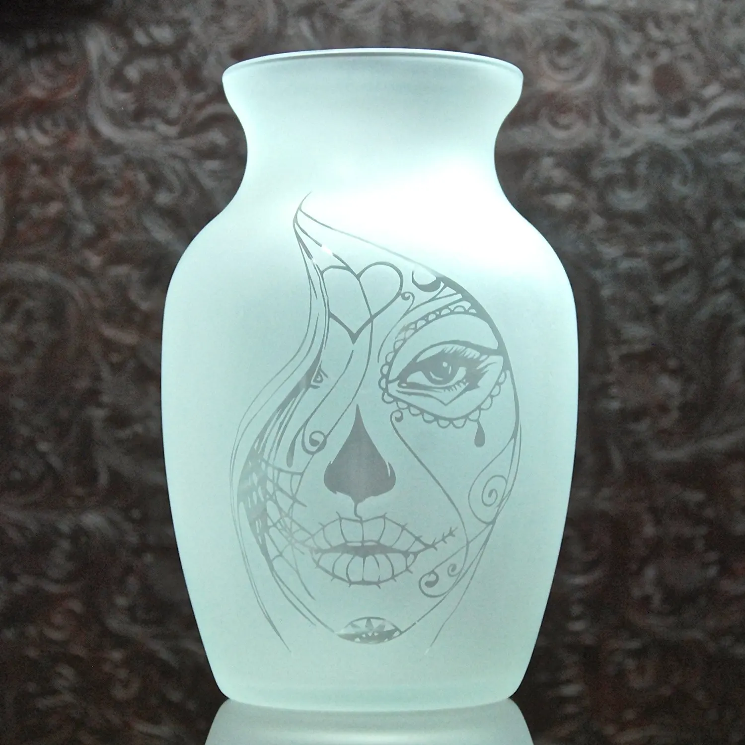 7.5 Inch Glass Etched Sugar Skull Vase - Design 4